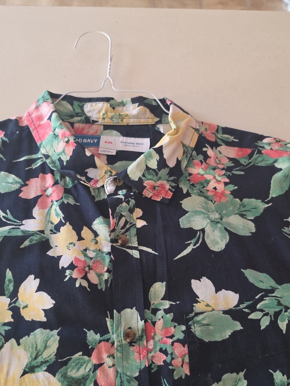 Old Navy Black Floral Button-Down Shirt - Green, Yellow & Pink Flowers